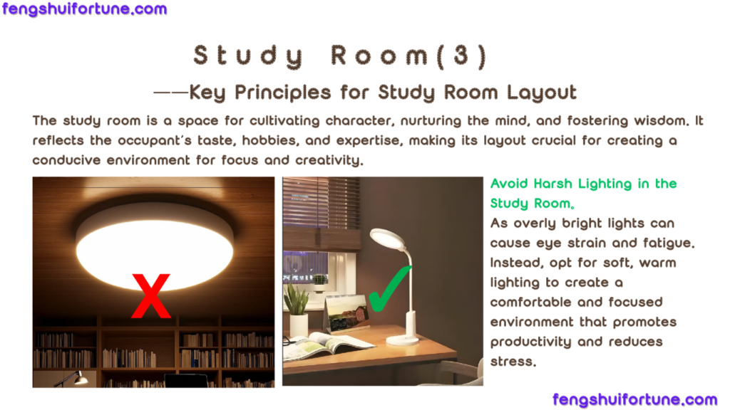 Avoid harsh lighting in the study room. 