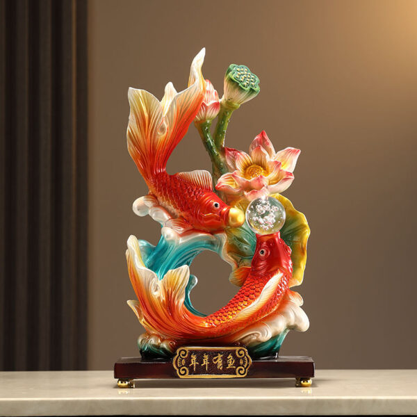 【Elemony Career Success】Double Fish & Pearl Resin Sculpture – Flowing Wealth & Harmony Decor