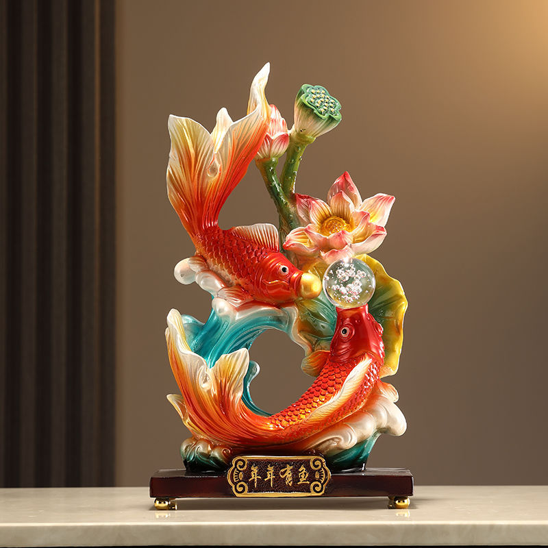 【Elemony Career Success】Double Fish & Pearl Resin Sculpture – Flowing Wealth & Harmony Decor
